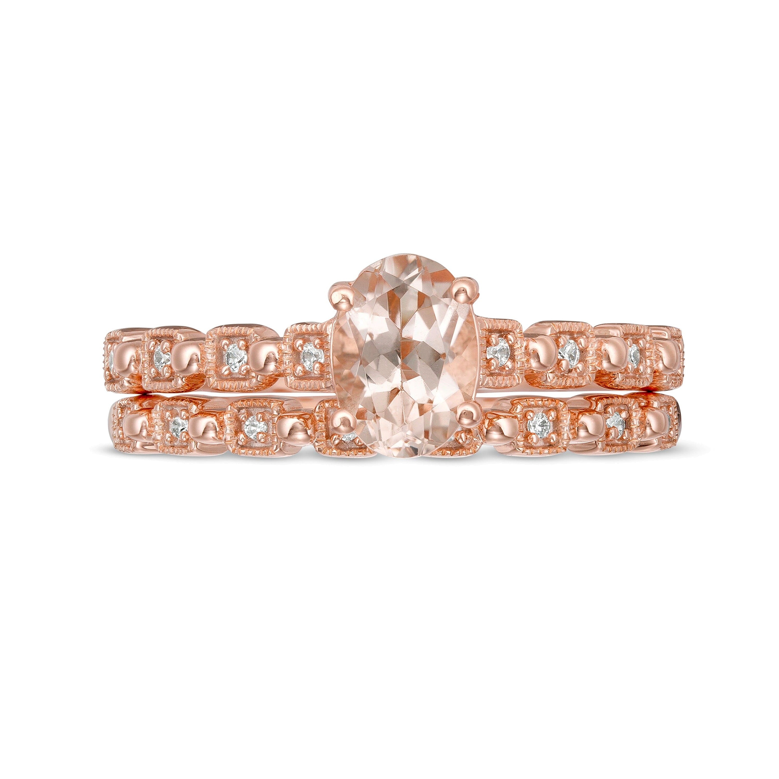 Braut-Set mit ovalem Morganit und 0,07 ct. Gesamtgewicht Diamanten im Art-déco-Stil in 10K Roségold