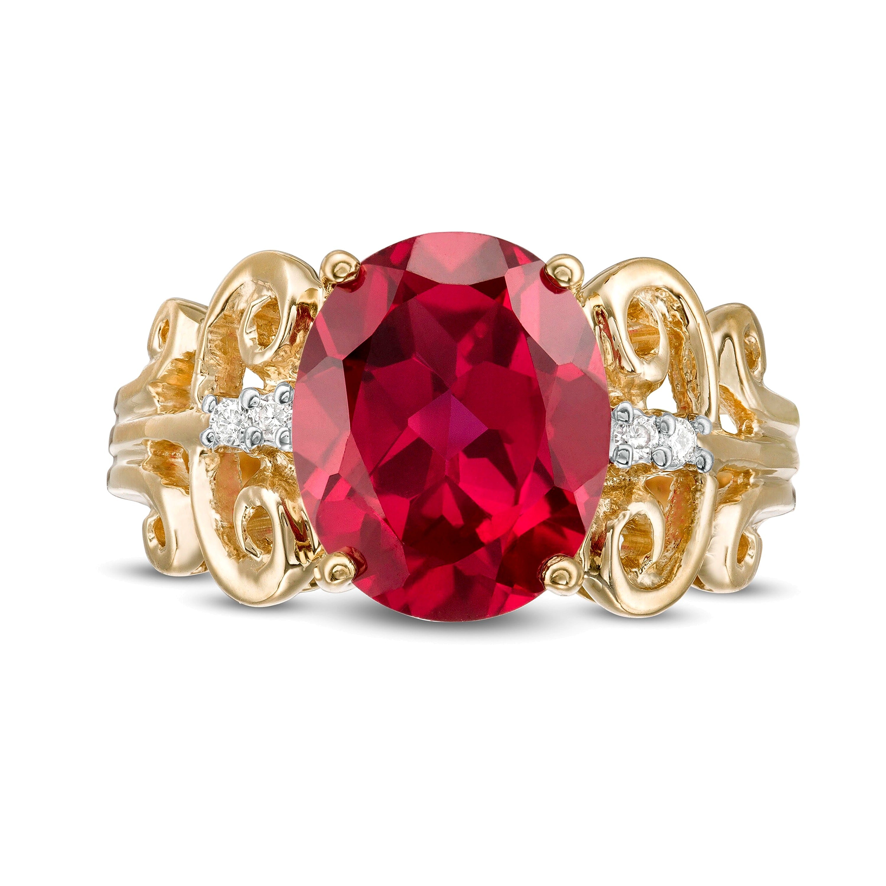 Ovaler im Labor gezüchteter Rubin und 0,05 ct. Gesamtgewicht Diamant Ring im Vintage-Stil mit Schnörkeldesign in 10K Gold