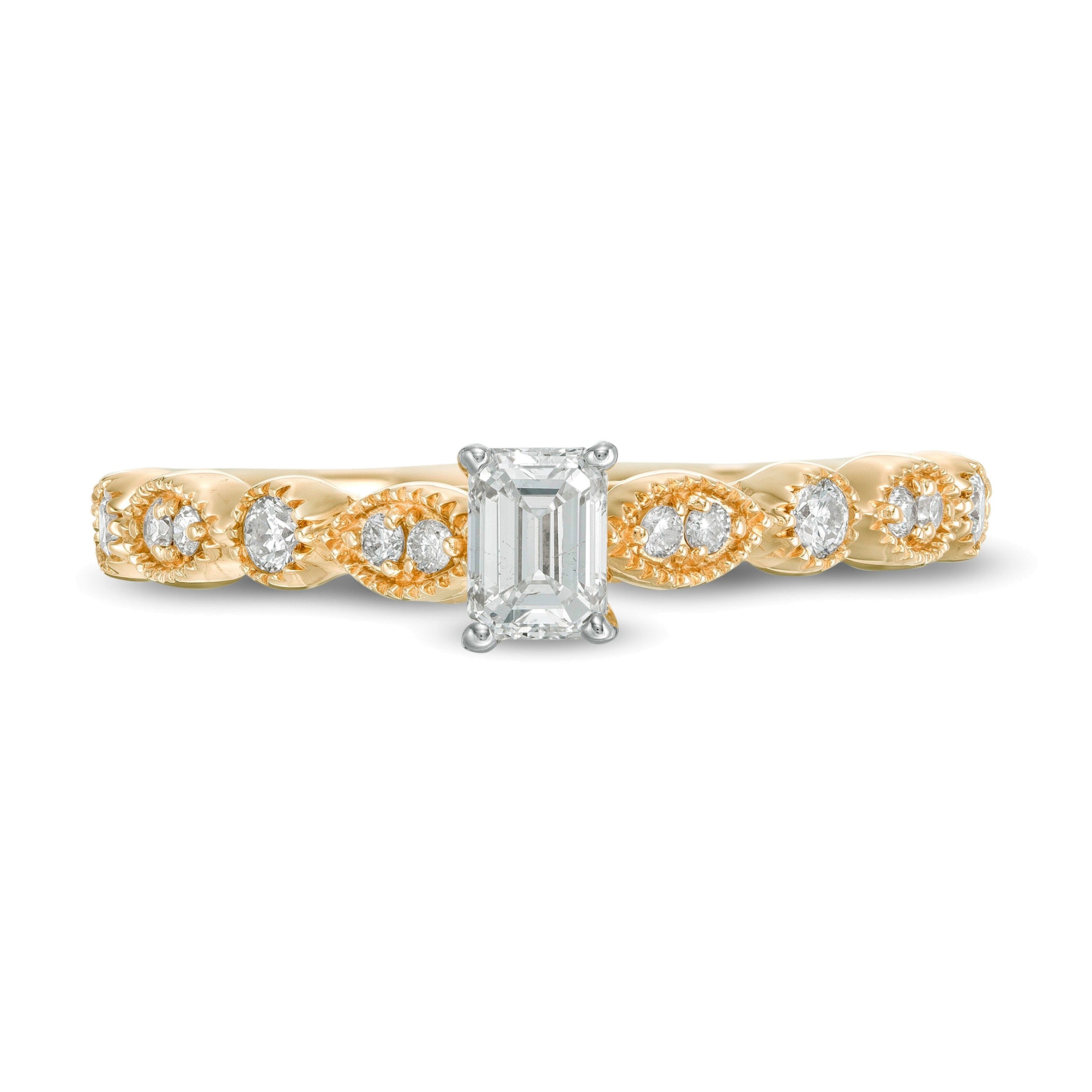 0.5 ct. Gesamtgewicht Diamant im Smaragdschliff mit Marquise-Diamanten Verlobungsring im Vintage-Stil in 10K Gelbgold