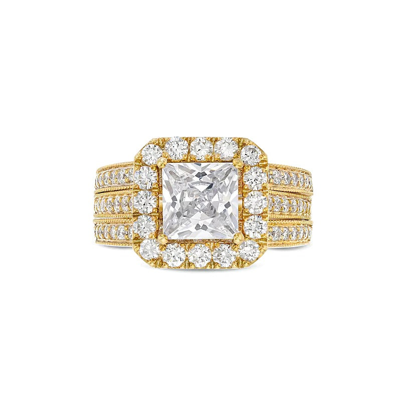 Braut-Set mit Labordiamanten im Princess-Schliff und Kissenschliff-Halo 3.38 ct. Gesamtgewicht in 14K Gelbgold (F/VS2)