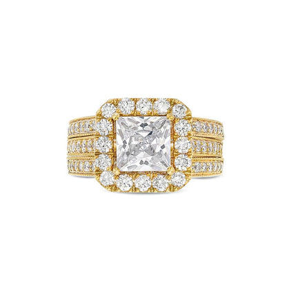 Braut-Set mit Labordiamanten im Princess-Schliff und Kissenschliff-Halo 3.38 ct. Gesamtgewicht in 14K Gelbgold (F/VS2)