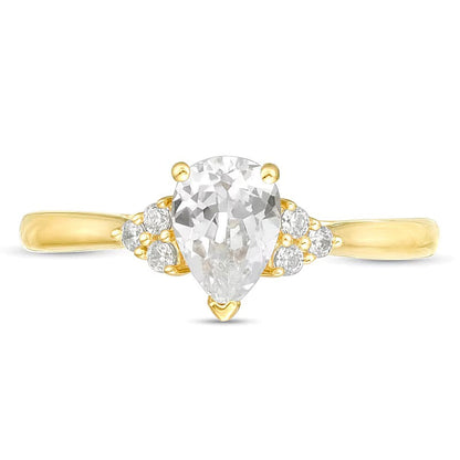 Verlobungsring Solitär mit seitlichem Besatz mit tropfenförmigem und rundem Diamant 0,63 ct. Gesamtgewicht in 14K Gelbgold