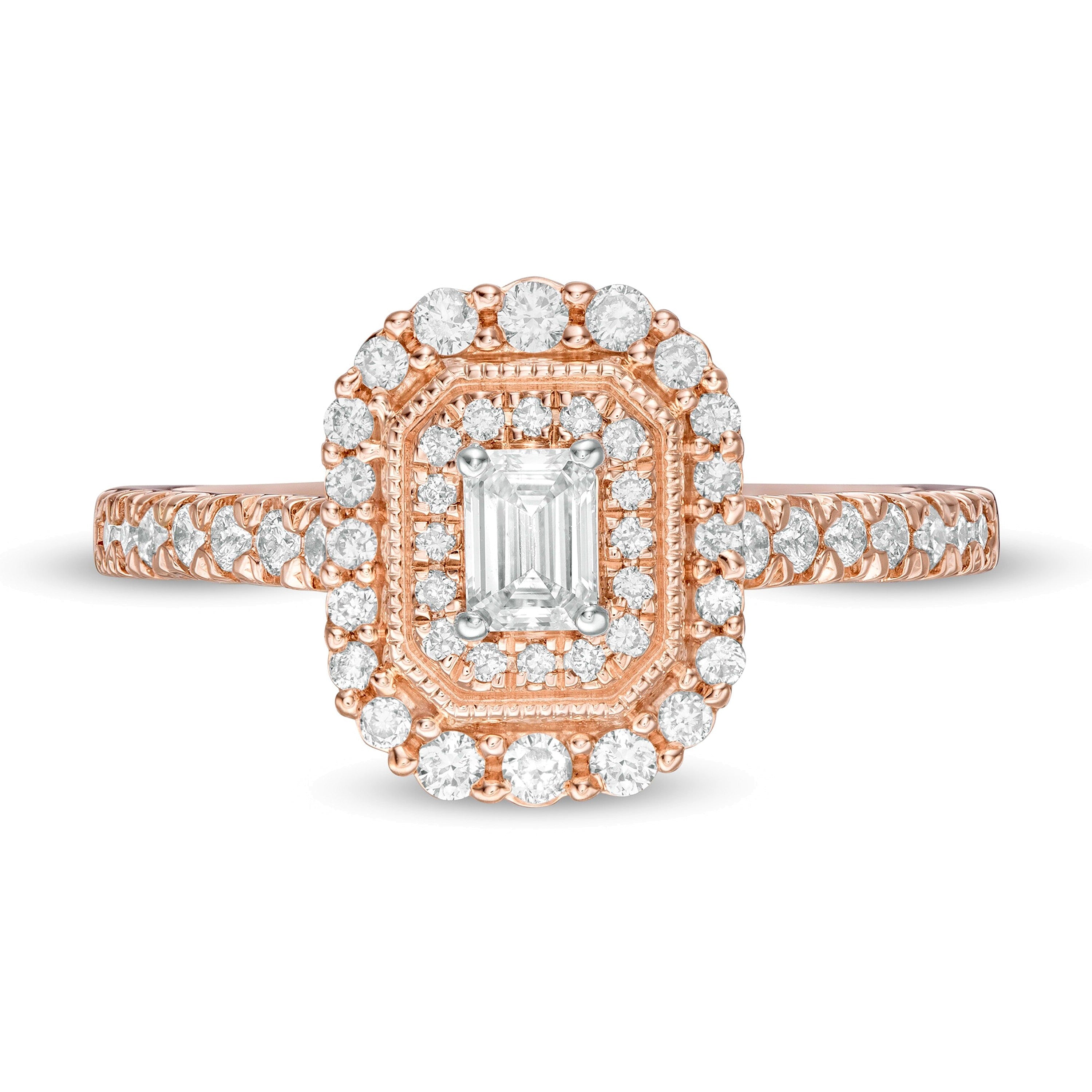 0,63 ct. Gesamtgewicht Verlobungsring im Vintage-Stil mit Diamant im Smaragdschliff und doppeltem achteckigen Rahmen in 10K Roségold