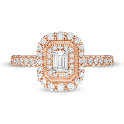 0,63 ct. Gesamtgewicht Verlobungsring im Vintage-Stil mit Diamant im Smaragdschliff und doppeltem achteckigen Rahmen in 10K Roségold