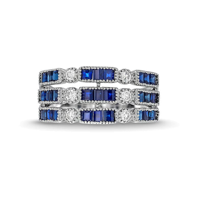 Ring im Vintage-Stil mit blauem Saphir im Baguette-Schliff und Diamant 0,2 ct. Gesamtgewicht in 14K Weißgold