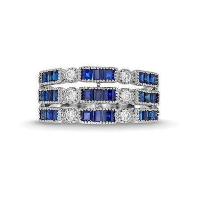 Ring im Vintage-Stil mit blauem Saphir im Baguette-Schliff und Diamant 0,2 ct. Gesamtgewicht in 14K Weißgold