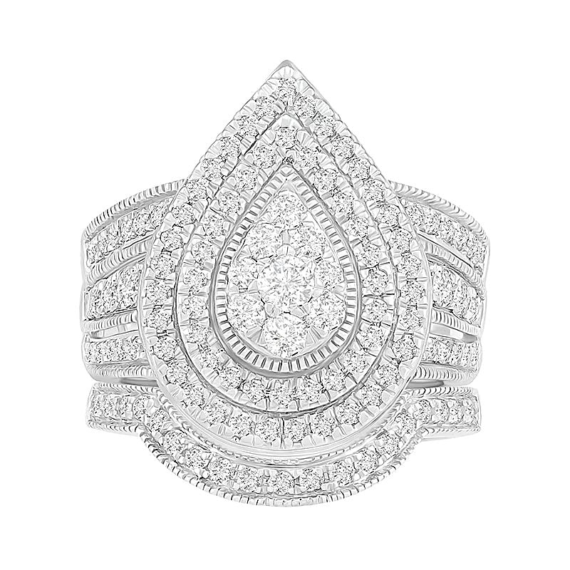 Braut-Set im Vintage-Stil mit tropfenförmigem und rundem Diamant-Besatz, mehrreihig, 1.25 ct. Gesamtgewicht, in 10K Weißgold