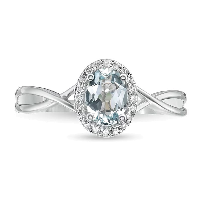 Ring mit ovalem Aquamarin und 0,07 ct. Gesamtgewicht Diamanten, Halo und gedrehter Ringschiene in 10K Weißgold