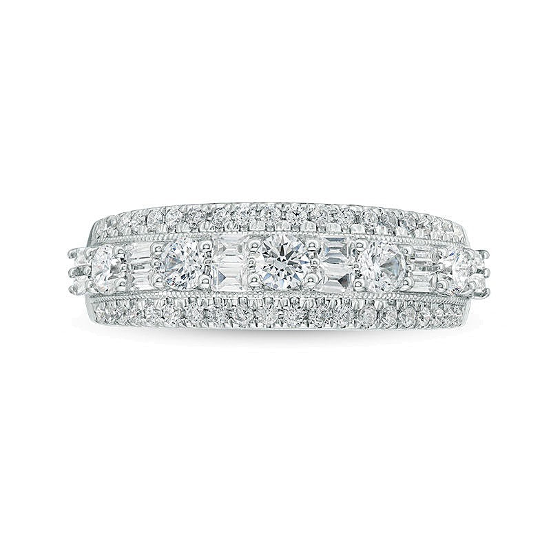 1.0 ct. Gesamtgewicht Memoire-Ring mit Baguette- und runden Diamanten im Vintage-Stil in 14K Weißgold