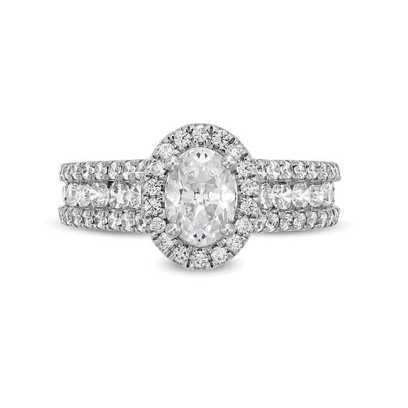 1.75 CT. Gesamtgewicht Verlobungsring mit ovalem Labordiamant und Halo, dreireihig, in 14K Weißgold (F/VS2)