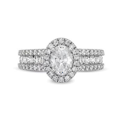 1.75 CT. Gesamtgewicht Verlobungsring mit ovalem Labordiamant und Halo, dreireihig, in 14K Weißgold (F/VS2)