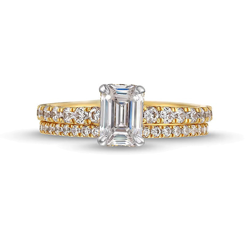 Braut-Set mit Labordiamanten im Smaragdschliff 1,75 ct. Gesamtgewicht in 14K Gelbgold (F/SI2)