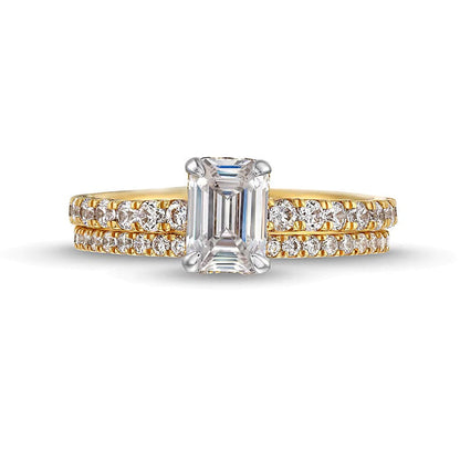 Braut-Set mit Labordiamanten im Smaragdschliff 1,75 ct. Gesamtgewicht in 14K Gelbgold (F/SI2)