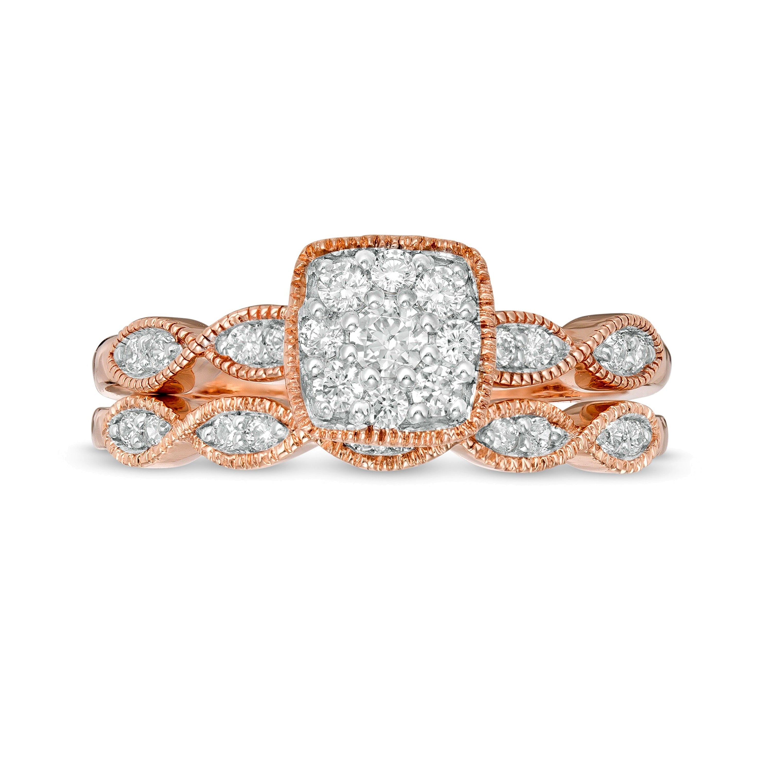 Brautset mit Diamanten 0.38 ct. Gesamtgewicht in rund, Marquise und Kissenschliff im Vintage-Stil in 10K Roségold