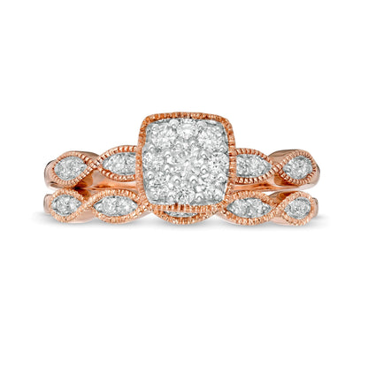 Brautset mit Diamanten 0.38 ct. Gesamtgewicht in rund, Marquise und Kissenschliff im Vintage-Stil in 10K Roségold