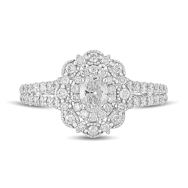 Verlobungsring im Vintage-Stil mit ovalem Diamant und Halo, 1.0 ct. Gesamtgewicht, 14K Weißgold