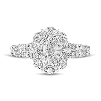 Verlobungsring im Vintage-Stil mit ovalem Diamant und Halo, 1.0 ct. Gesamtgewicht, 14K Weißgold
