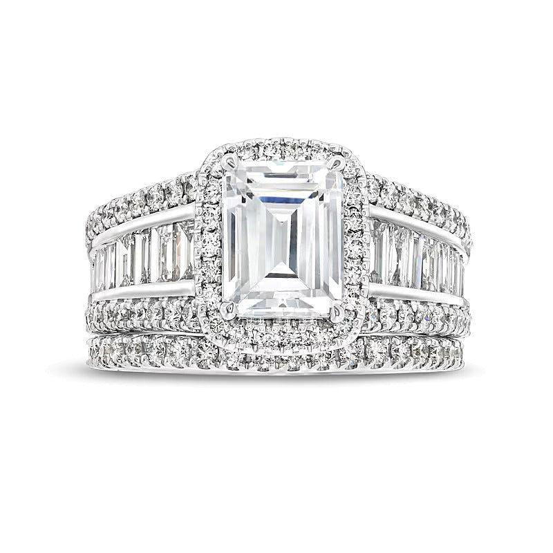Braut-Set mit Labordiamanten im Smaragdschliff, 3.75 ct. Gesamtgewicht, Halo, in 14K Weißgold (F/VS2)