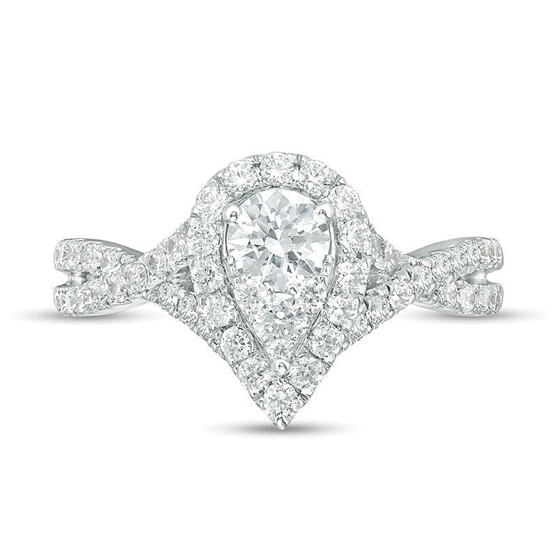 1.25 ct. Gesamtgewicht Komposit-Diamant Verlobungsring tropfenförmig mit Twist-Ring in 14K Weißgold