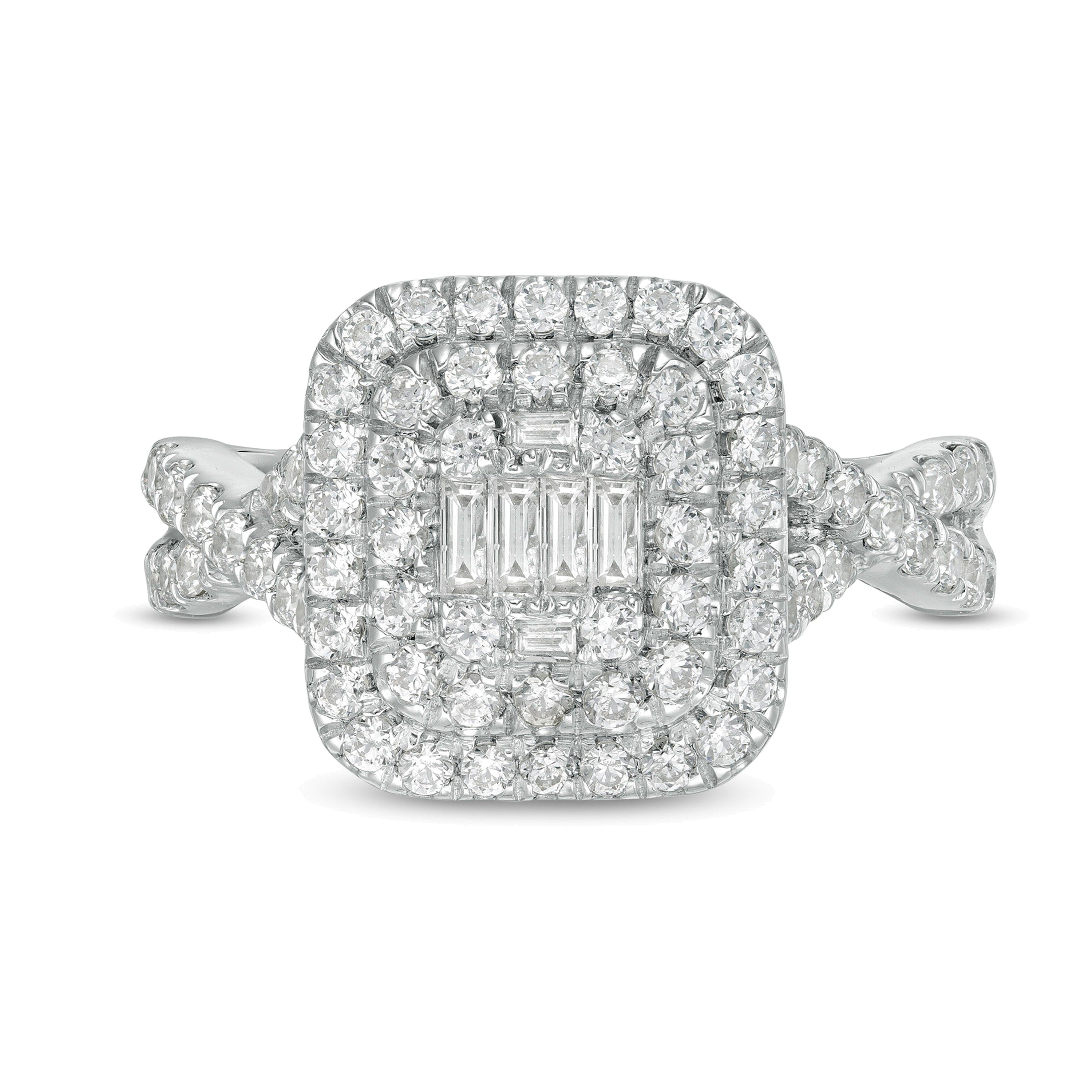 Verlobungsring mit Komposit-Diamanten 1.0 ct. Gesamtgewicht, doppelter Kissenschliff-Rahmen und gedrehte Ringschiene, Baguette, rund und Kissenschliff, in 10K Weißgold