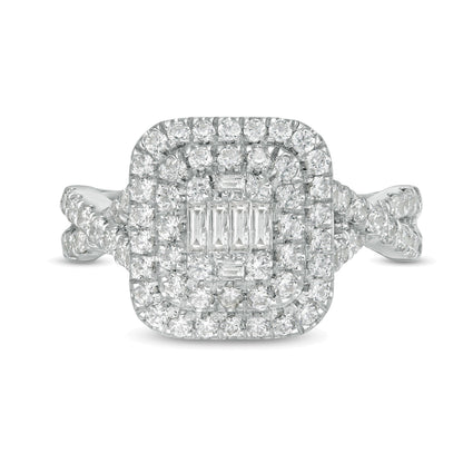 Verlobungsring mit Komposit-Diamanten 1.0 ct. Gesamtgewicht, doppelter Kissenschliff-Rahmen und gedrehte Ringschiene, Baguette, rund und Kissenschliff, in 10K Weißgold