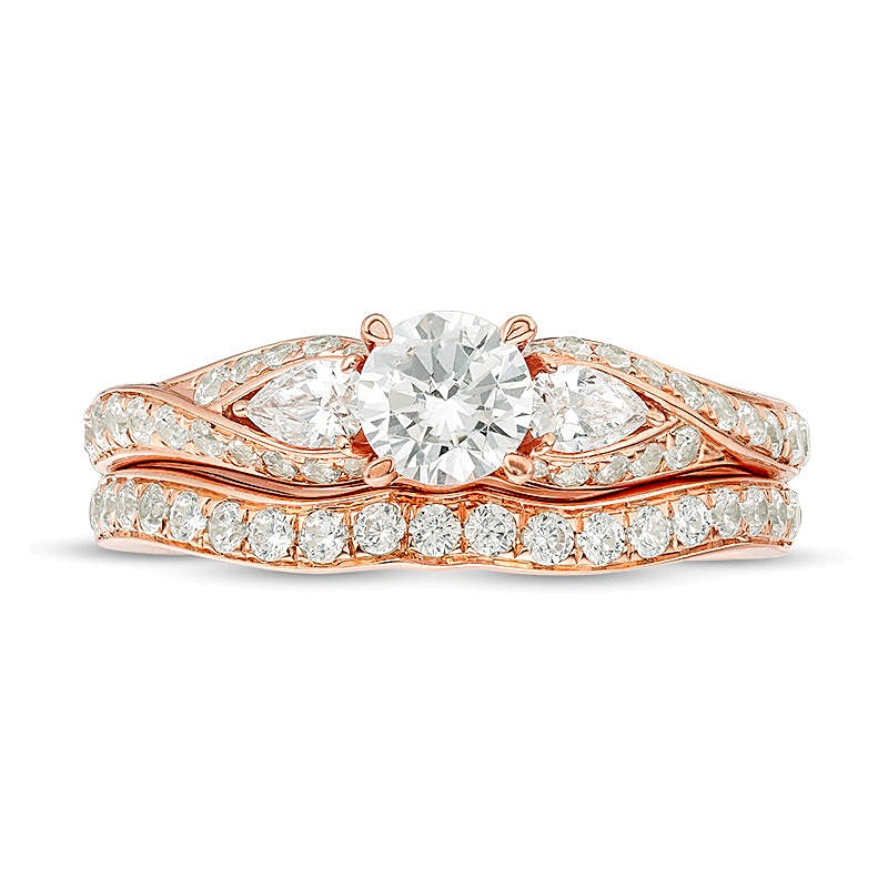 Braut-Set mit Diamanten im Rund- und Tropfenschliff, Bypass Dreistein, 1,38 ct. Gesamtgewicht, in 14K Roségold