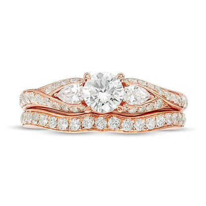 Braut-Set mit Diamanten im Rund- und Tropfenschliff, Bypass Dreistein, 1,38 ct. Gesamtgewicht, in 14K Roségold