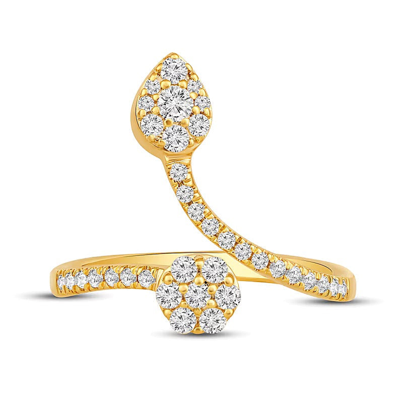 0.5 ct. Gesamtgewicht Fashion-Ring mit Diamanten in Tropfen und rund, offene Ringschiene, 10K Gelbgold
