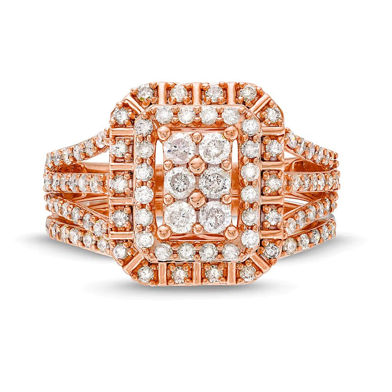 Braut-Set 1.0 ct. Gesamtgewicht mit Smaragd und mehreren Diamanten, dreireihig mit geteiltem Ringschienenschaft, in 10K Roségold