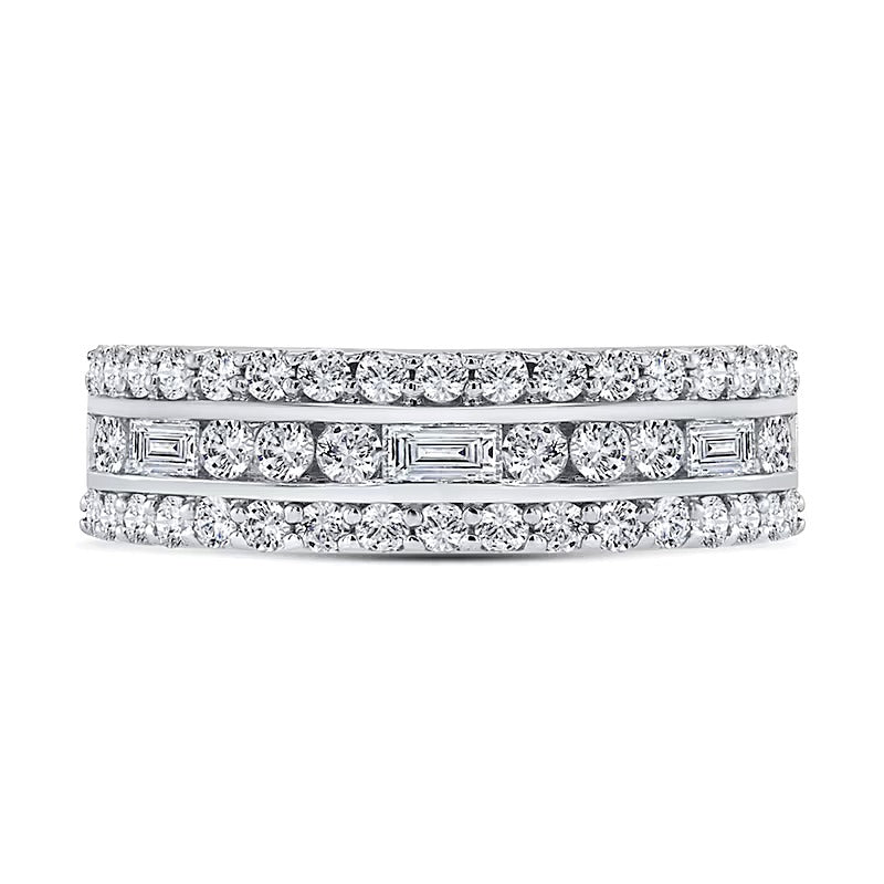 Ring mit Baguette- und runden Diamanten, dreireihig, 1.0 ct. Gesamtgewicht, in 10K Weißgold