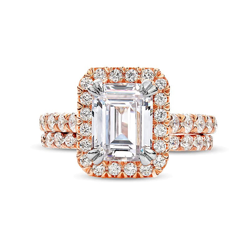 Braut-Set mit Labordiamanten im Smaragdschliff 4.5 ct. Gesamtgewicht in 14K Roségold, Halo (I/SI2)