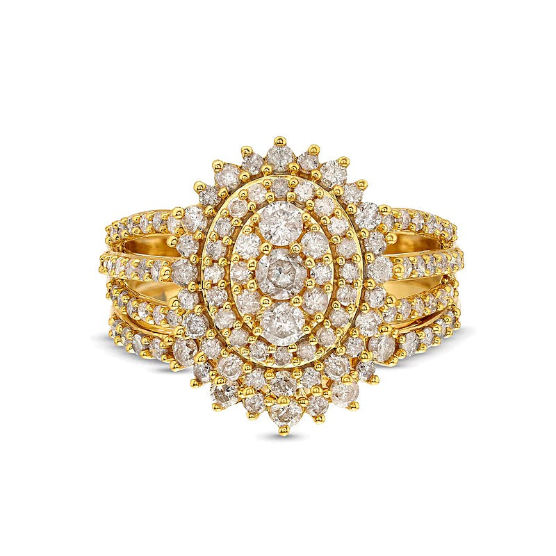 1.25 ct. Gesamtgewicht Braut-Set mit ovalen Diamanten und Sunburst-Halo, geteilter Schiene, in 10K Gelbgold