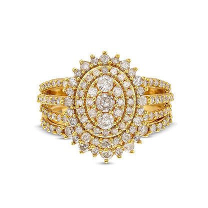 1.25 ct. Gesamtgewicht Braut-Set mit ovalen Diamanten und Sunburst-Halo, geteilter Schiene, in 10K Gelbgold