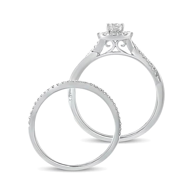 Brautset mit Diamanten 0.5 ct. Gesamtgewicht, rund, Halo mit Twist-Ringschiene, in 10K Weißgold