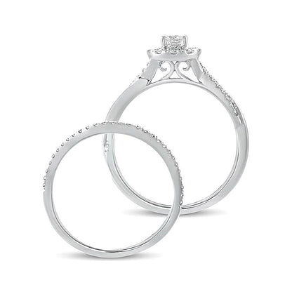 Brautset mit Diamanten 0.5 ct. Gesamtgewicht, rund, Halo mit Twist-Ringschiene, in 10K Weißgold