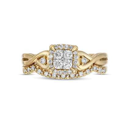 0.33 ct. Gesamtgewicht Diamant Brautset mit kissenförmigem Halo und gedrehter Ringschiene in 10K Gelbgold