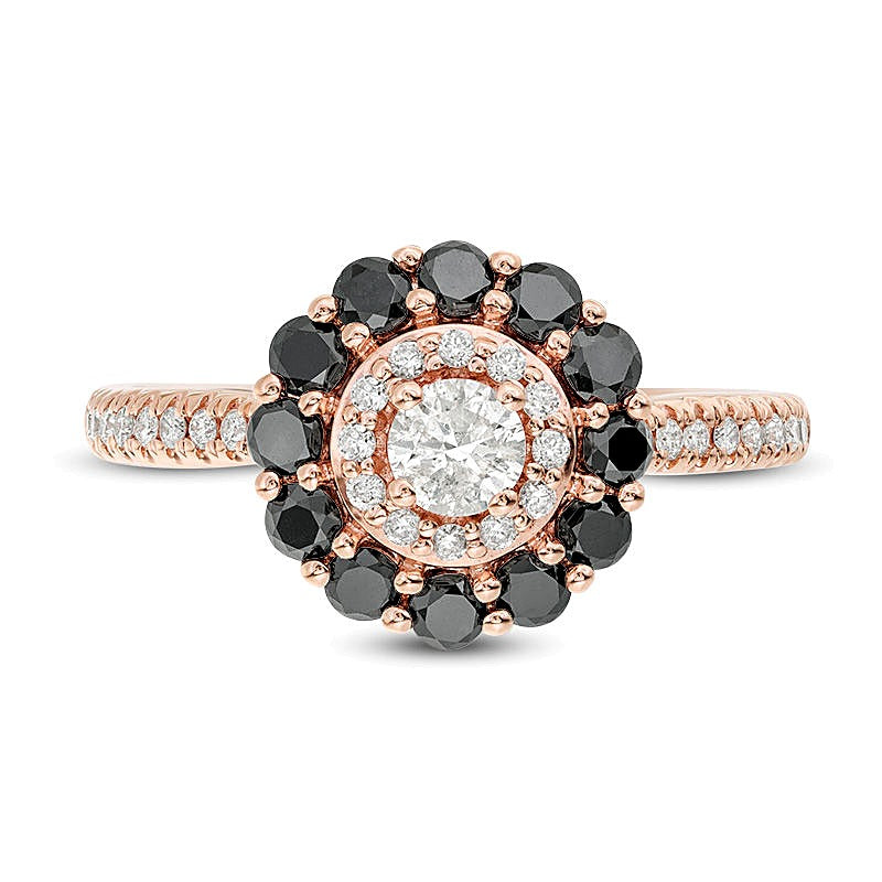 1.0 CT. Gesamtgewicht behandelter schwarzer und weißer Diamant Verlobungsring mit doppeltem Halo in 10K Roségold - Größe 7
