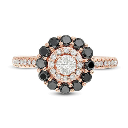 1.0 CT. Gesamtgewicht behandelter schwarzer und weißer Diamant Verlobungsring mit doppeltem Halo in 10K Roségold - Größe 7