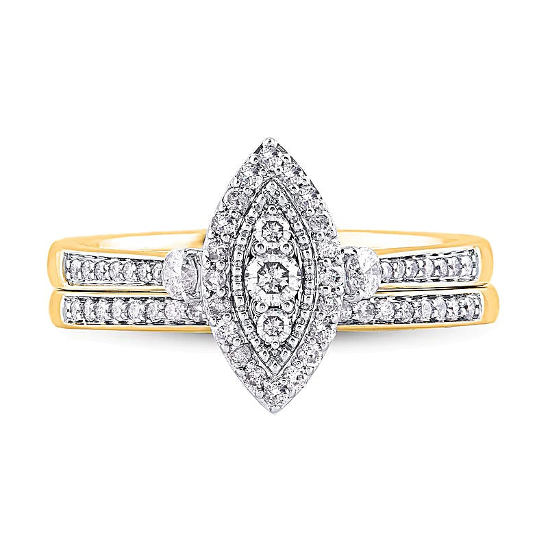 0,5 ct. Gesamtgewicht Diamant-Brautset mit Marquise-Komposit und Doppel-Halo für Damen in 10K Gelbgold