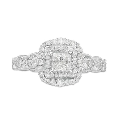 0.88 ct. Gesamtgewicht Halo-Verlobungsring mit Diamanten im Princess- und Rundschliff im Art-Déco-Vintage-Stil aus 10K Weißgold