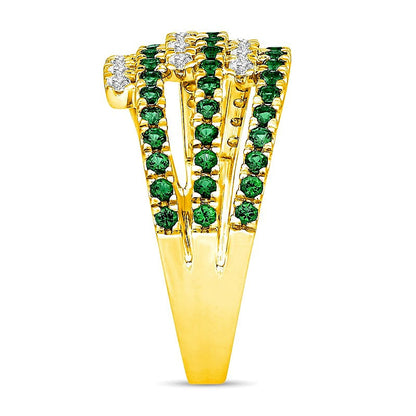 Fashion-Ring mit Smaragd und 0,5 ct. Gesamtgewicht Diamanten, mehrreihig mit offener Ringschiene, in 10K Gelbgold