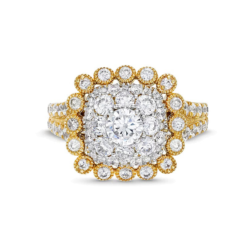 2.0 ct. Gesamtgewicht Verlobungsring im Vintage-Stil mit Diamanten im Kissenschliff und rund in 10K Gelbgold