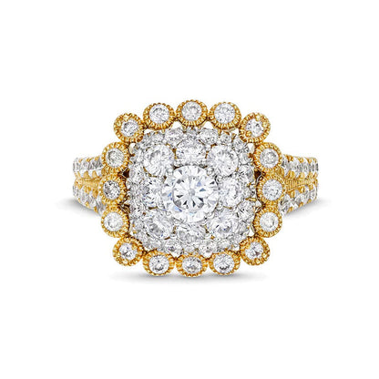 2.0 ct. Gesamtgewicht Verlobungsring im Vintage-Stil mit Diamanten im Kissenschliff und rund in 10K Gelbgold
