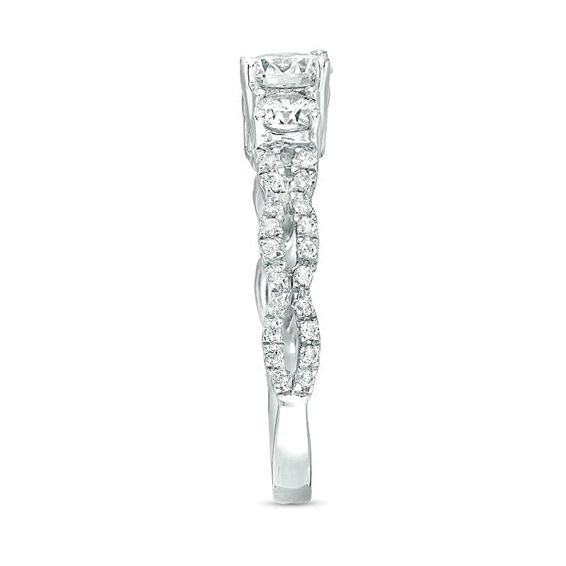 Dreistein-Verlobungsring mit Diamanten 1.0 ct. Gesamtgewicht, rund, Weiß, in 10K Weißgold für Damen