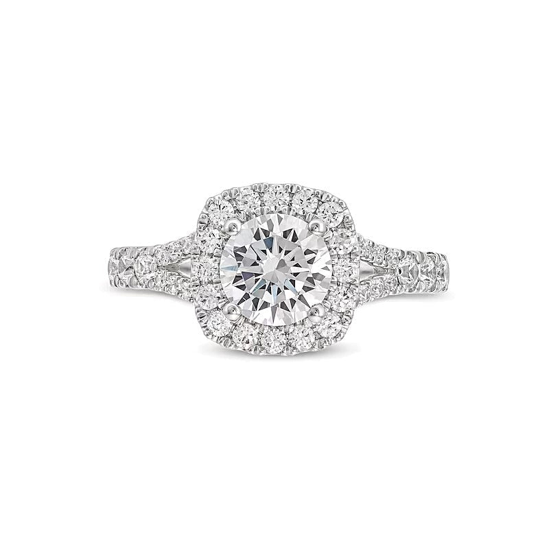 1.5 CT. Gesamtgewicht Labordiamant Verlobungsring mit Halo im Kissenschliff und geteiltem Ringschienen-Design in 14K Weißgold (G/SI2)