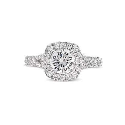 1.5 CT. Gesamtgewicht Labordiamant Verlobungsring mit Halo im Kissenschliff und geteiltem Ringschienen-Design in 14K Weißgold (G/SI2)