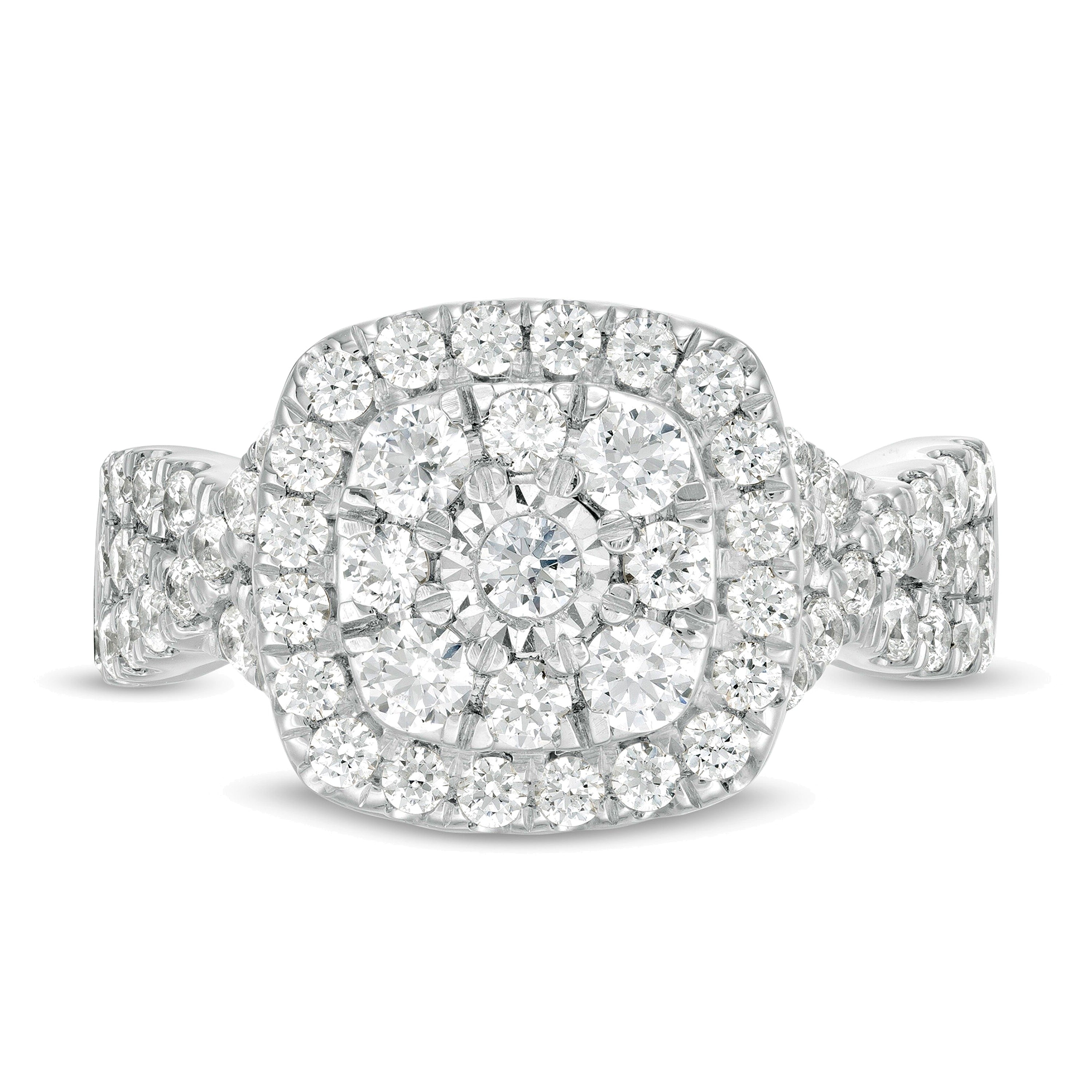 1.63 ct. Gesamtgewicht Diamant Verlobungsring mit doppeltem Kissenschliff-Rahmen und gedrehter Ringschiene in 10K Weißgold