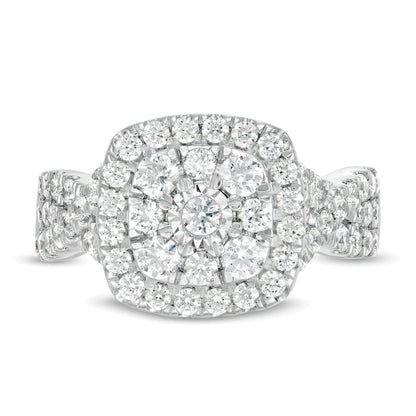 1.63 ct. Gesamtgewicht Diamant Verlobungsring mit doppeltem Kissenschliff-Rahmen und gedrehter Ringschiene in 10K Weißgold