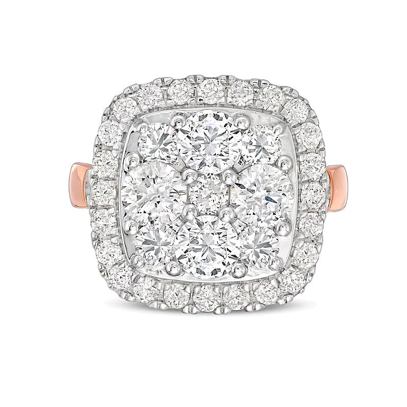 3.17 ct. Gesamtgewicht Verlobungsring mit Diamanten im Kissenschliff und Halo in 14K Roségold