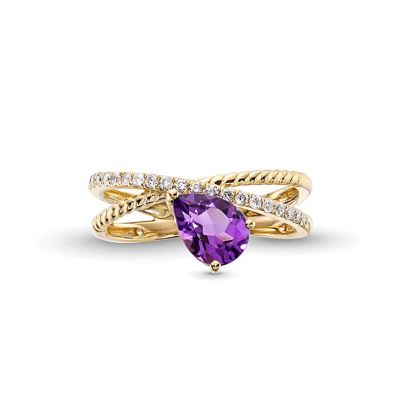 Fashion-Ring mit tropfenförmigem Amethyst und 0,2 ct. Gesamtgewicht Diamanten in 10K Gelbgold